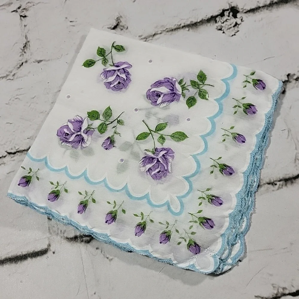 Vintage Handkerchief Hanky Sheer Feminine White Purple Roses Blue Trim